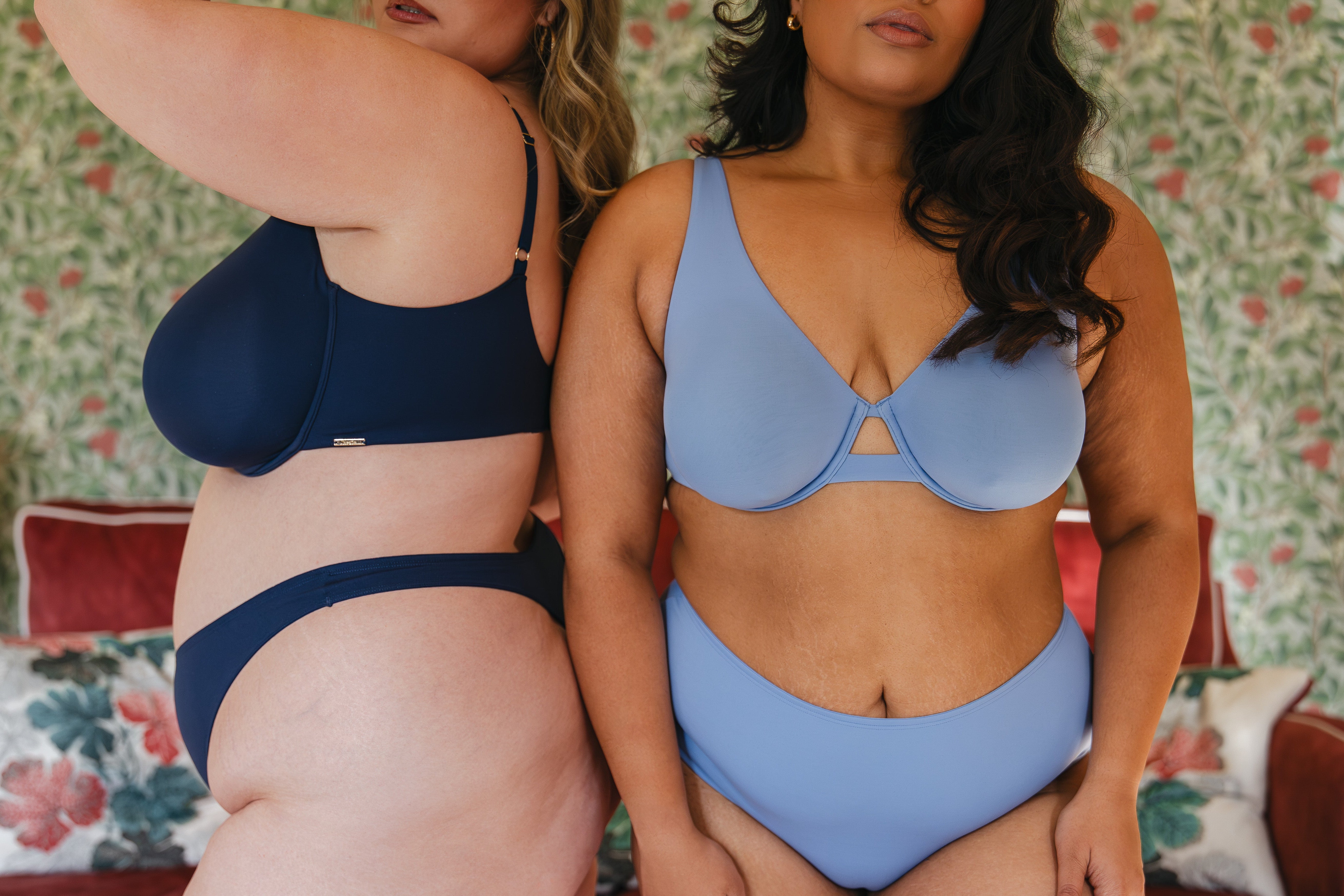 Models wearing modal underwired bra modal thong and modal boyshort lingerie set